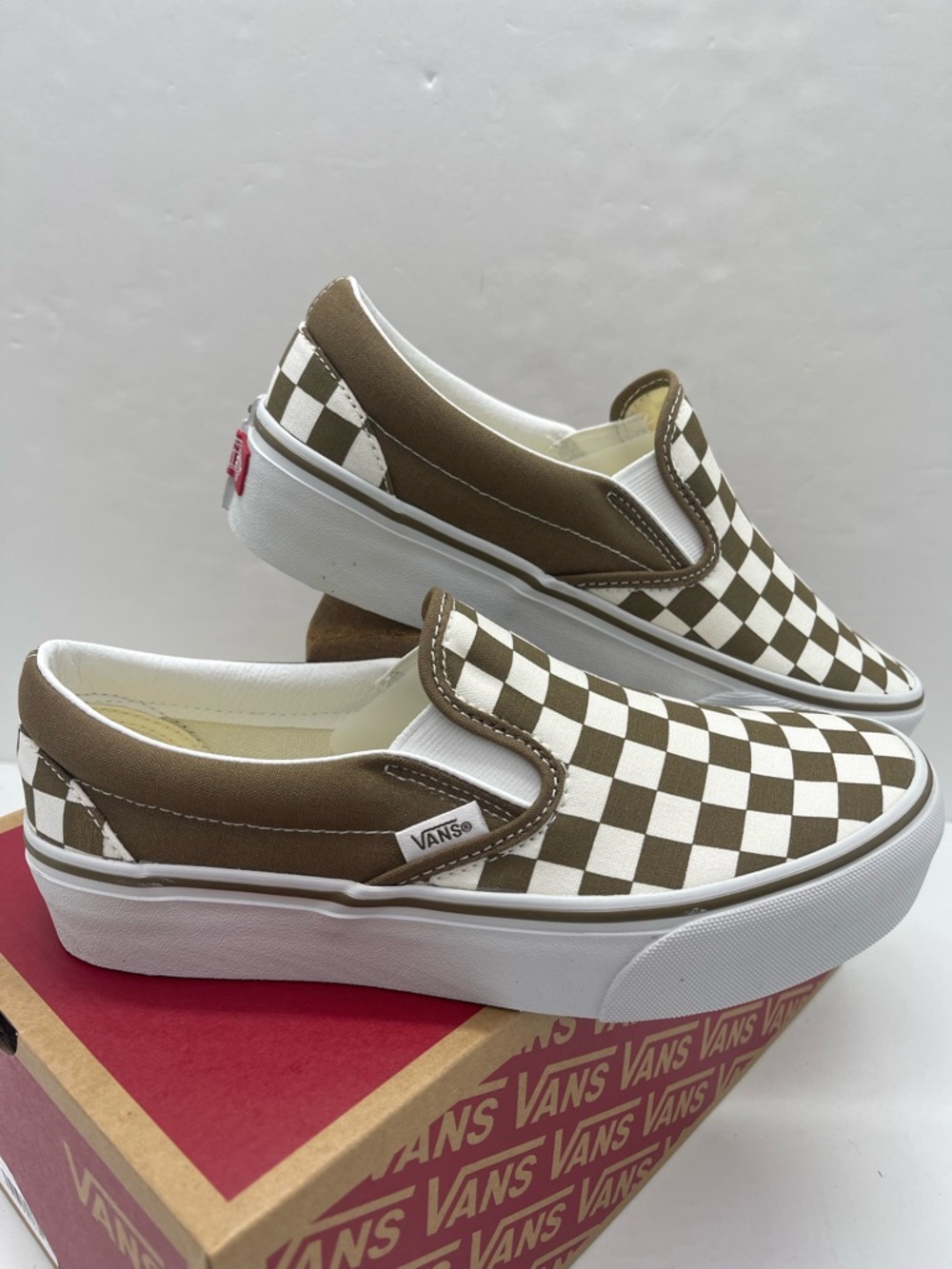 Vans Slip-On Platform Sneakers Checkerboard Sepia Brown VN00018E0E0 New - Picture 8 of 16